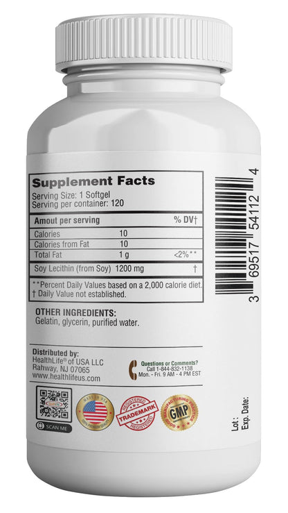 HEALTH LFE organic soy lecithin 1200mg dietary supplement non-GMO seal close up