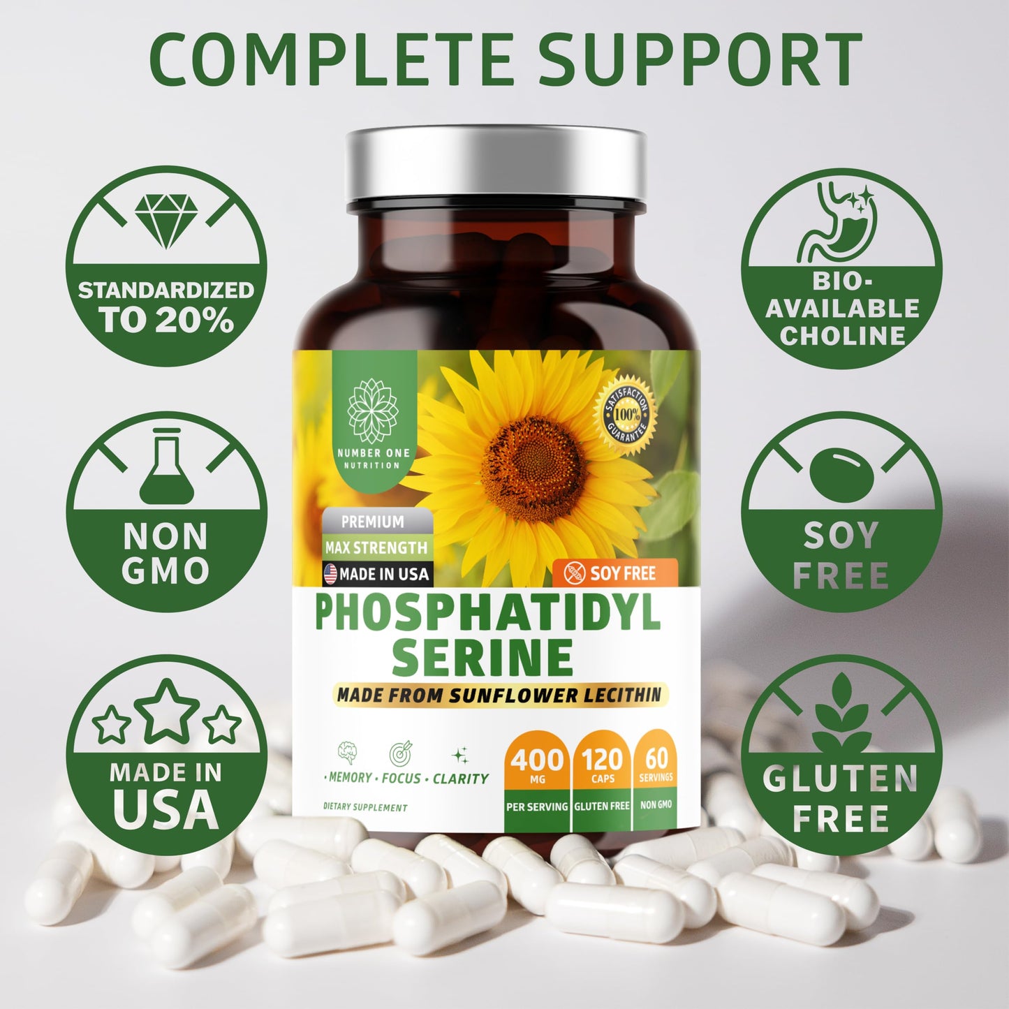 Number One Nutrition phosphatidylserine 400mg packaging showcasing the vegetarian capsule certification.