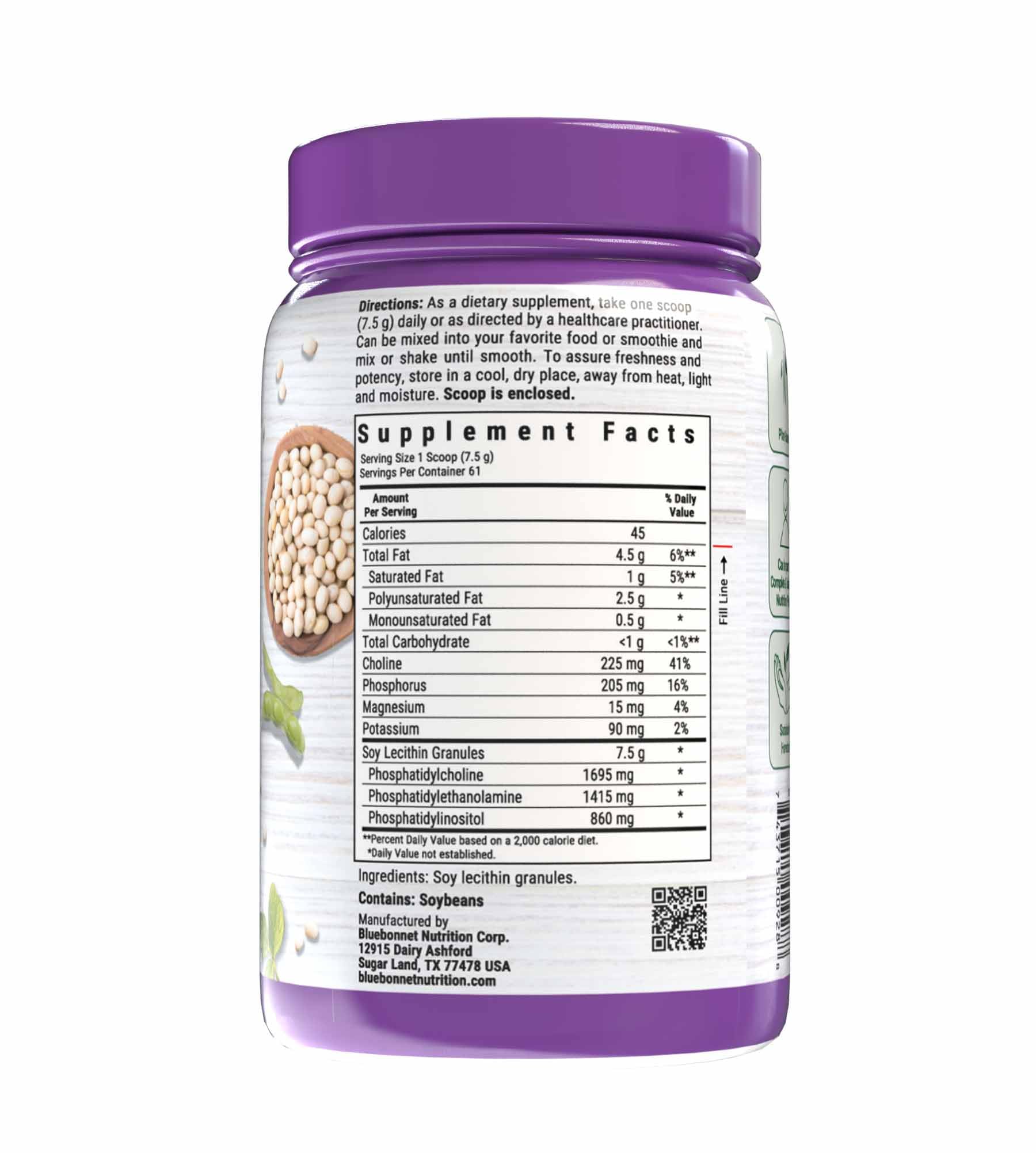 Nutrition facts and ingredient label on the back of Bluebonnet unflavored soy lecithin granules bottle