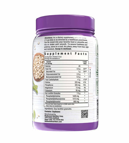 Nutrition facts and ingredient label on the back of Bluebonnet unflavored soy lecithin granules bottle