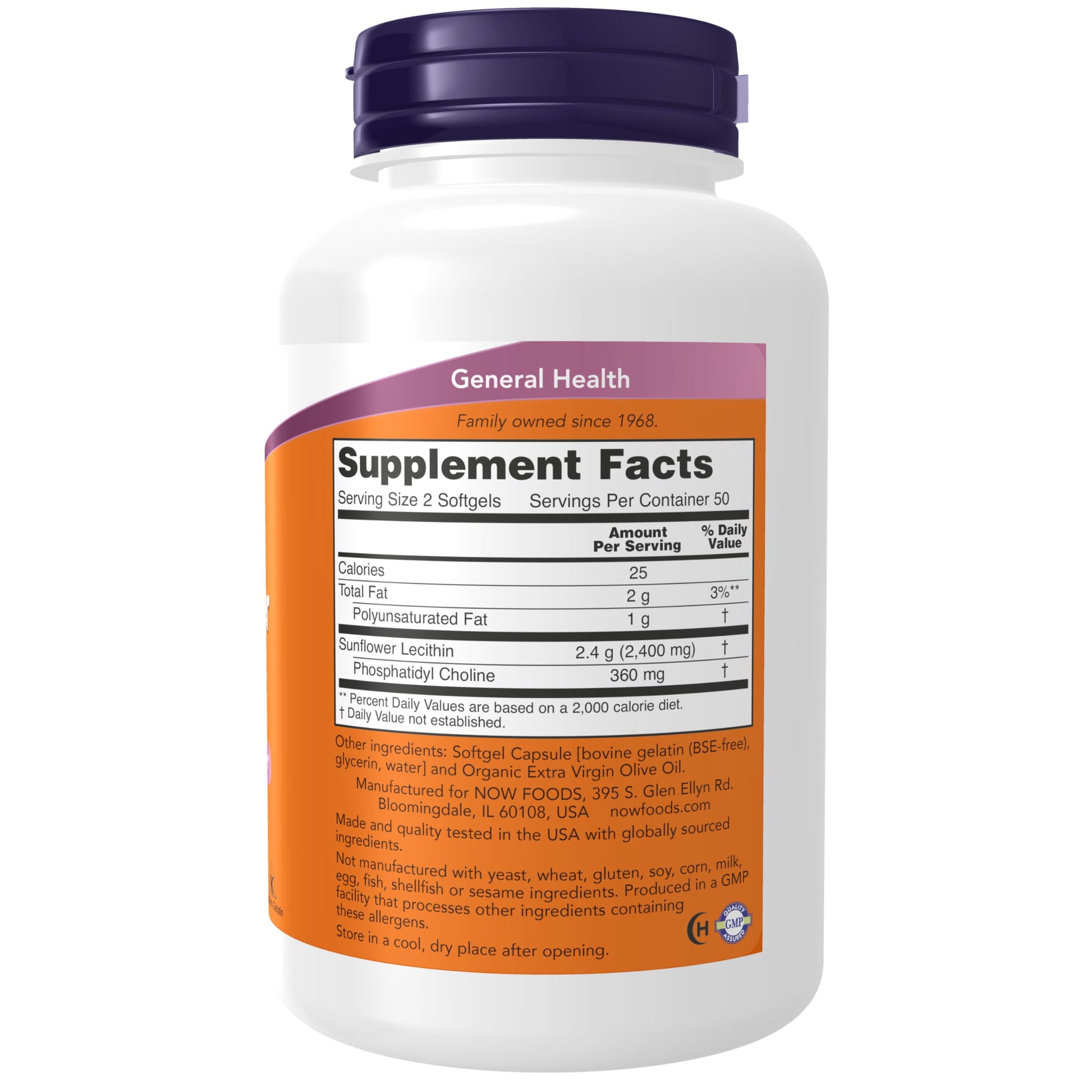 NOW Foods Sunflower Lecithin dietary supplement capsule details showing soy free formulation