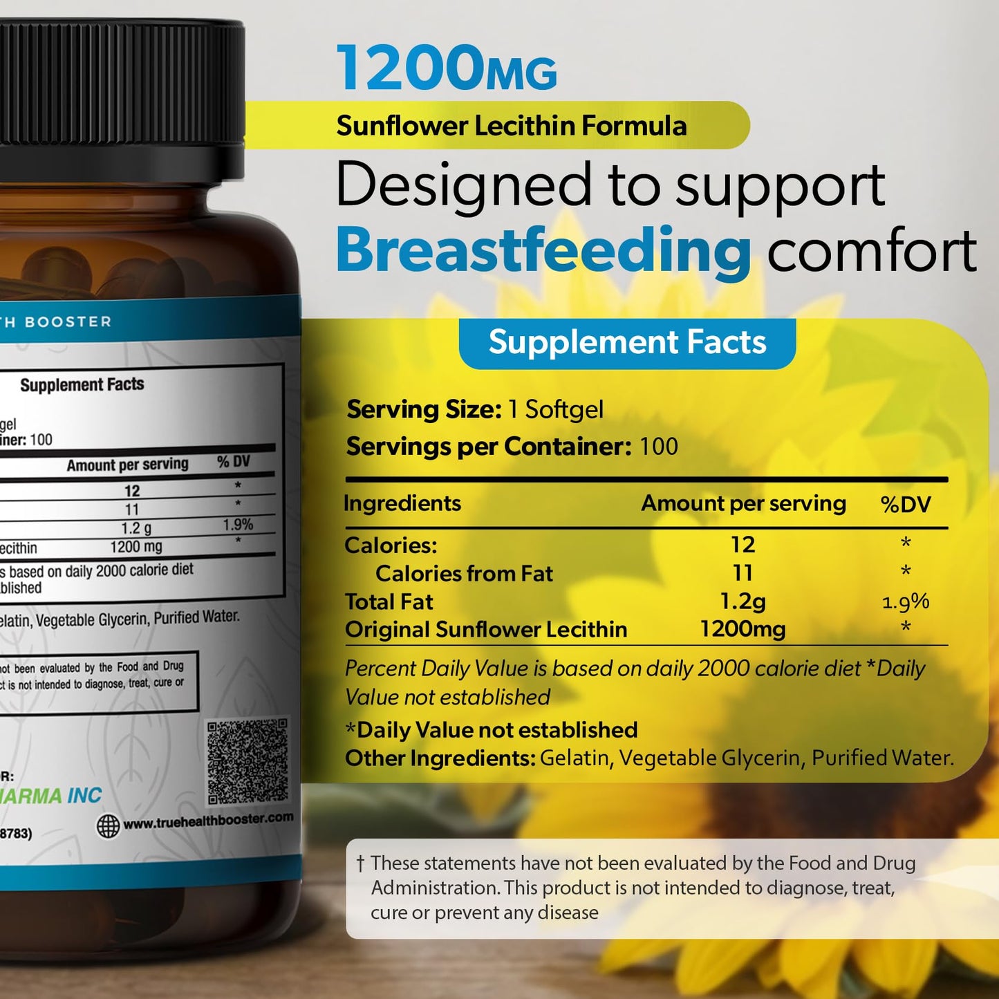 TrueMed imported sunflower lecithin capsules container details displaying serving size and ingredient facts