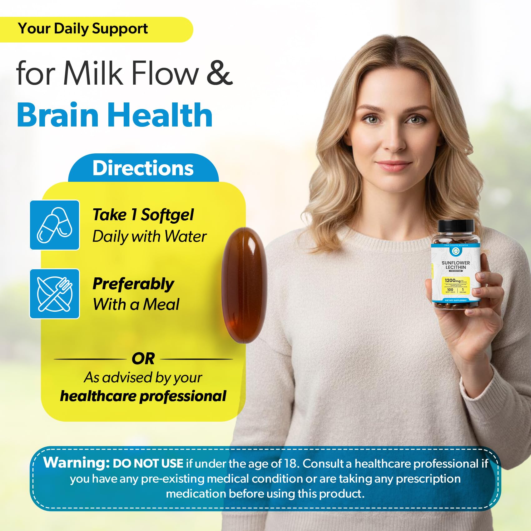 TrueMed breastfeeding support 1200mg softgels showcasing the amber bottle design for product freshness