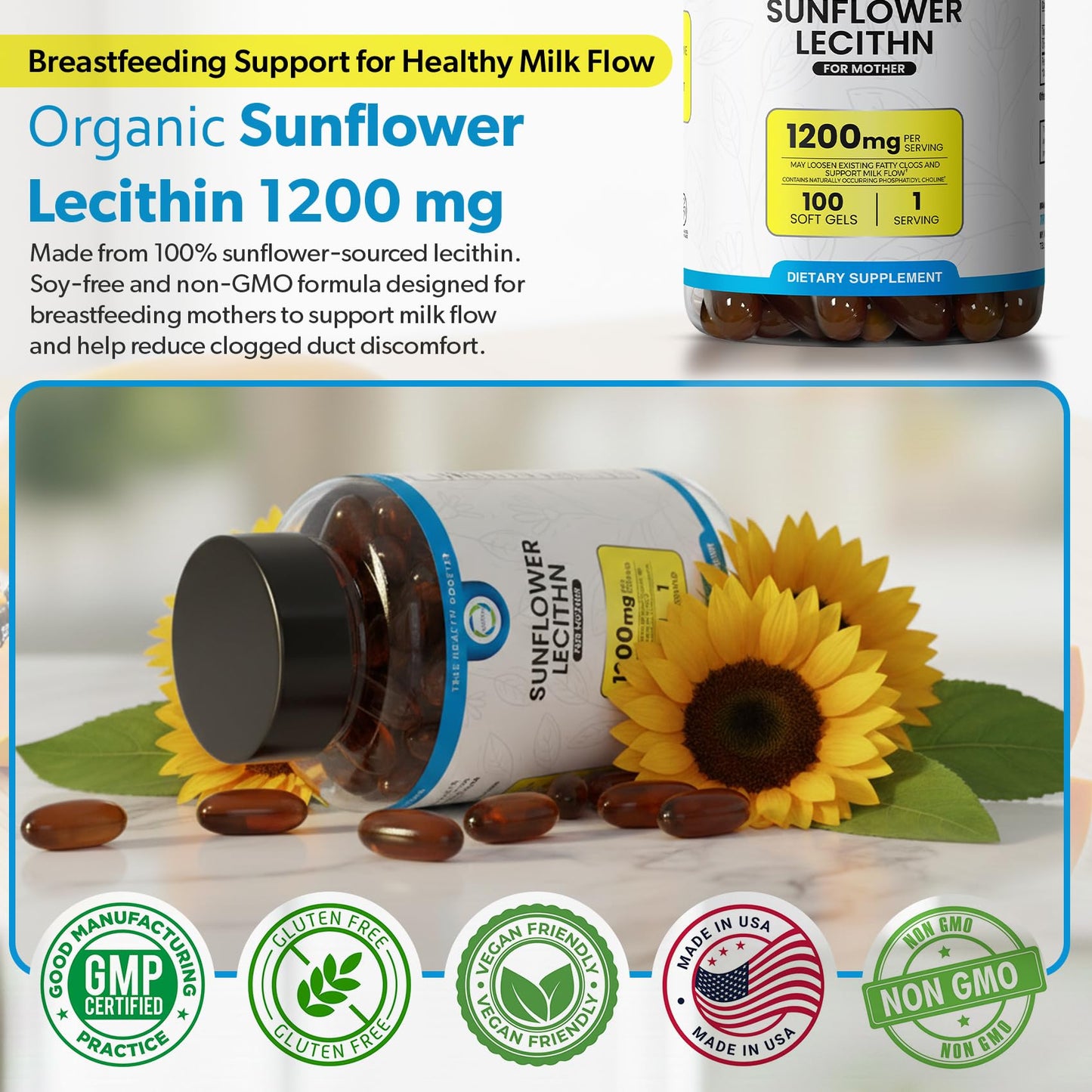TrueMed non-GMO sunflower lecithin dietary supplement bottle angled view highlighting natural milk flow benefits