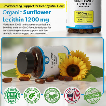 TrueMed non-GMO sunflower lecithin dietary supplement bottle angled view highlighting natural milk flow benefits
