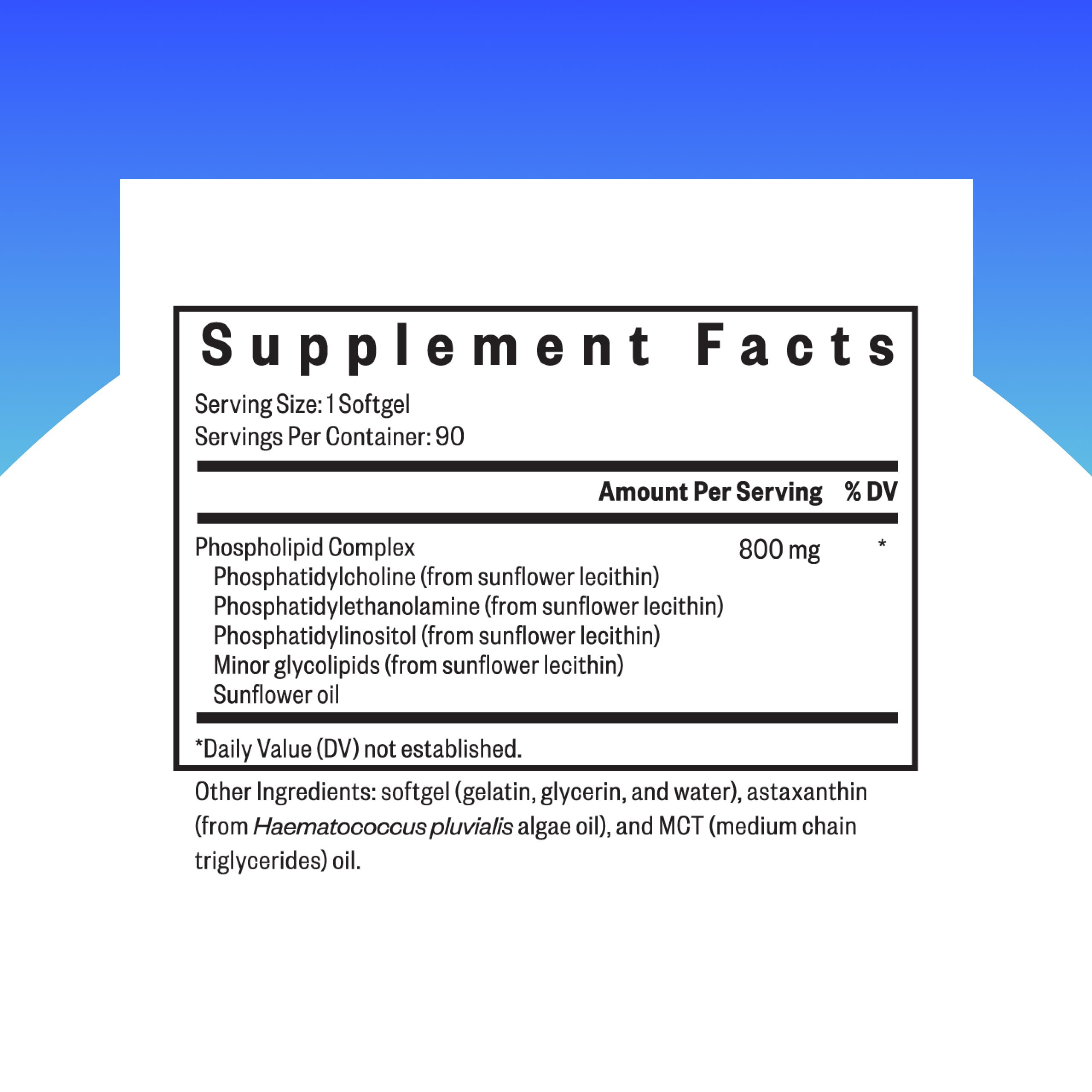 Seeking Health Optimal PC supplement label details highlighting the eight hundred milligram soy free sunflower lecithin formula information.