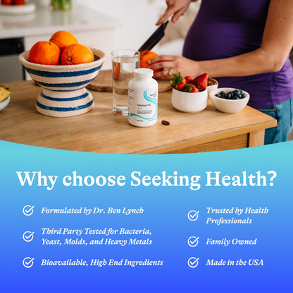 Authentic Seeking Health Optimal PC container displaying full product details including the targeted brain health and methylation support features.
