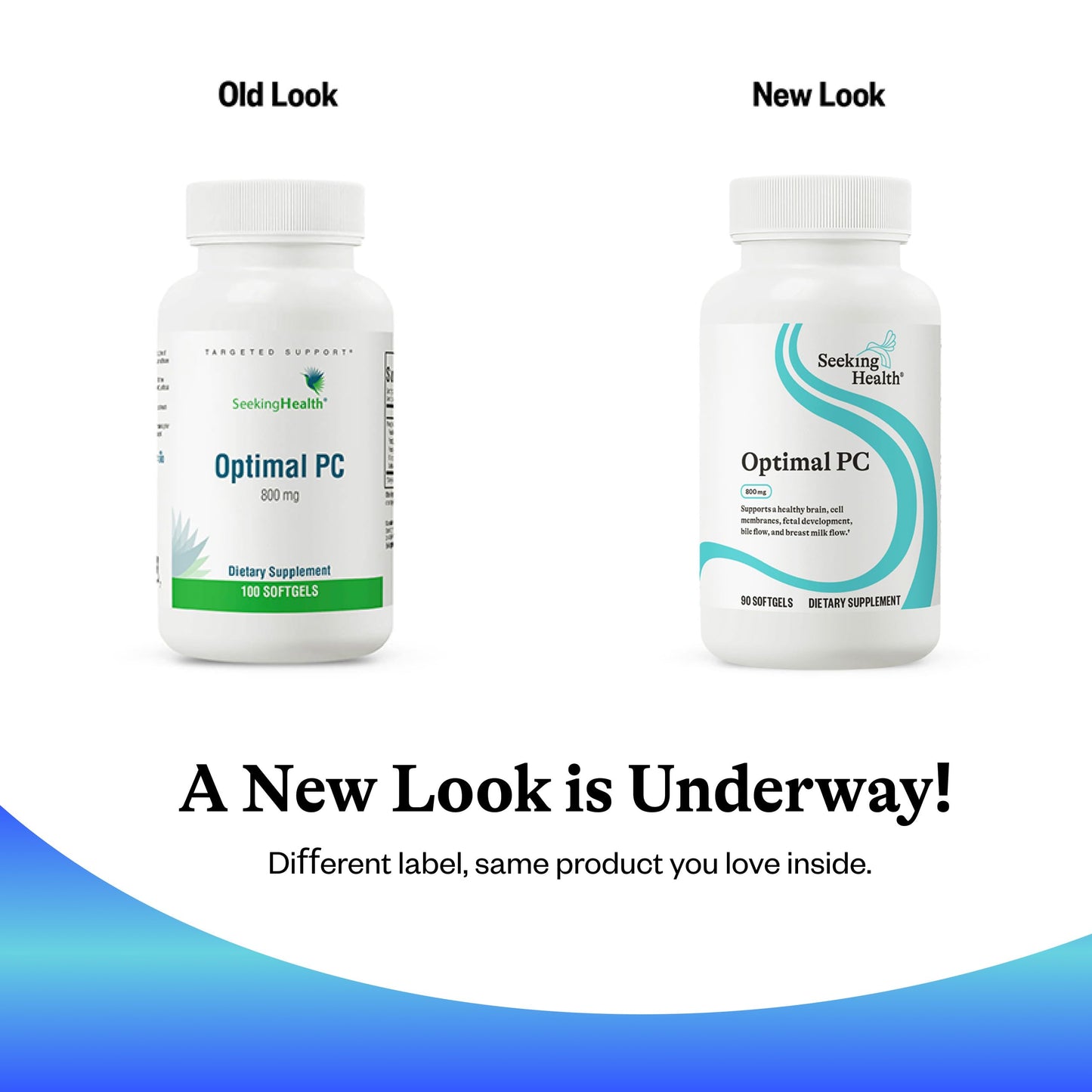 Seeking Health Optimal PC premium softgel capsules bottle showing the manufacturer information and verified safety seals.