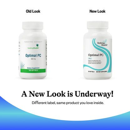 Seeking Health Optimal PC premium softgel capsules bottle showing the manufacturer information and verified safety seals.