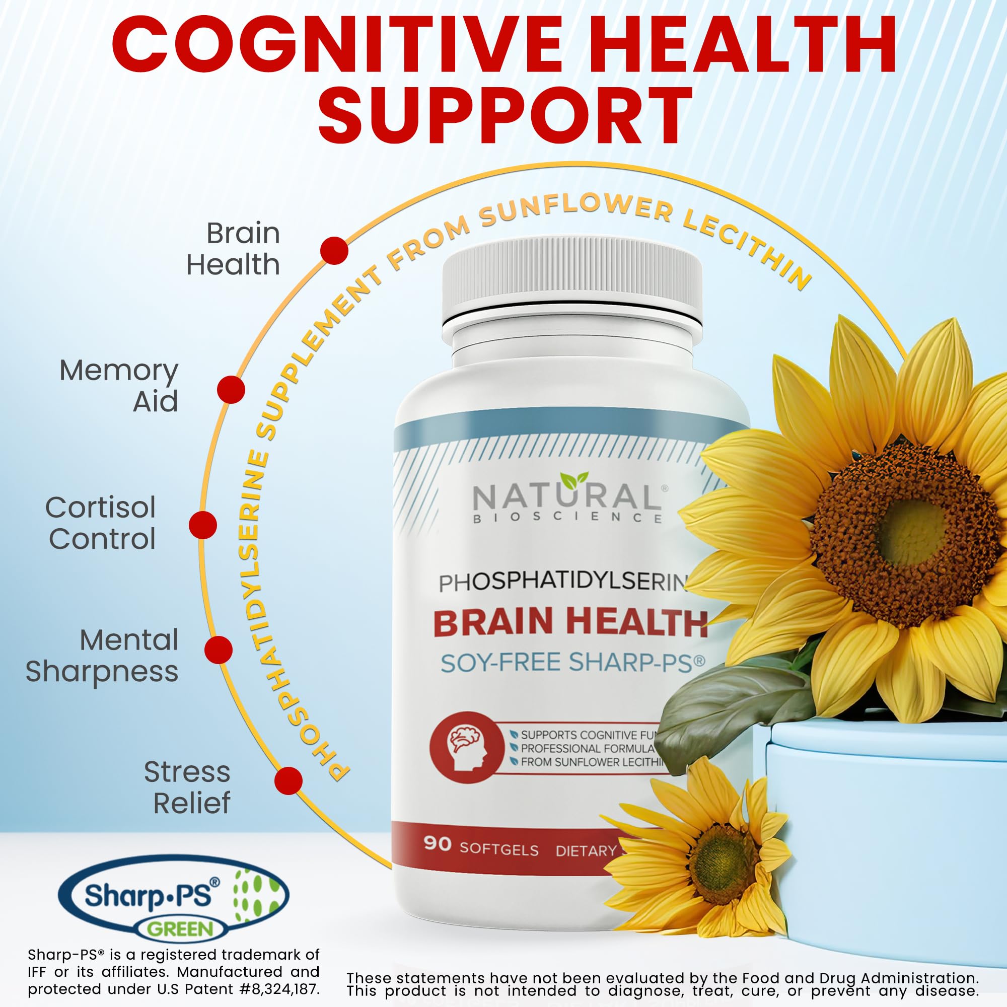 Natural BioScience Phosphatidylserine 90 softgels showing the premium non-GMO sunflower lecithin ingredient details.
