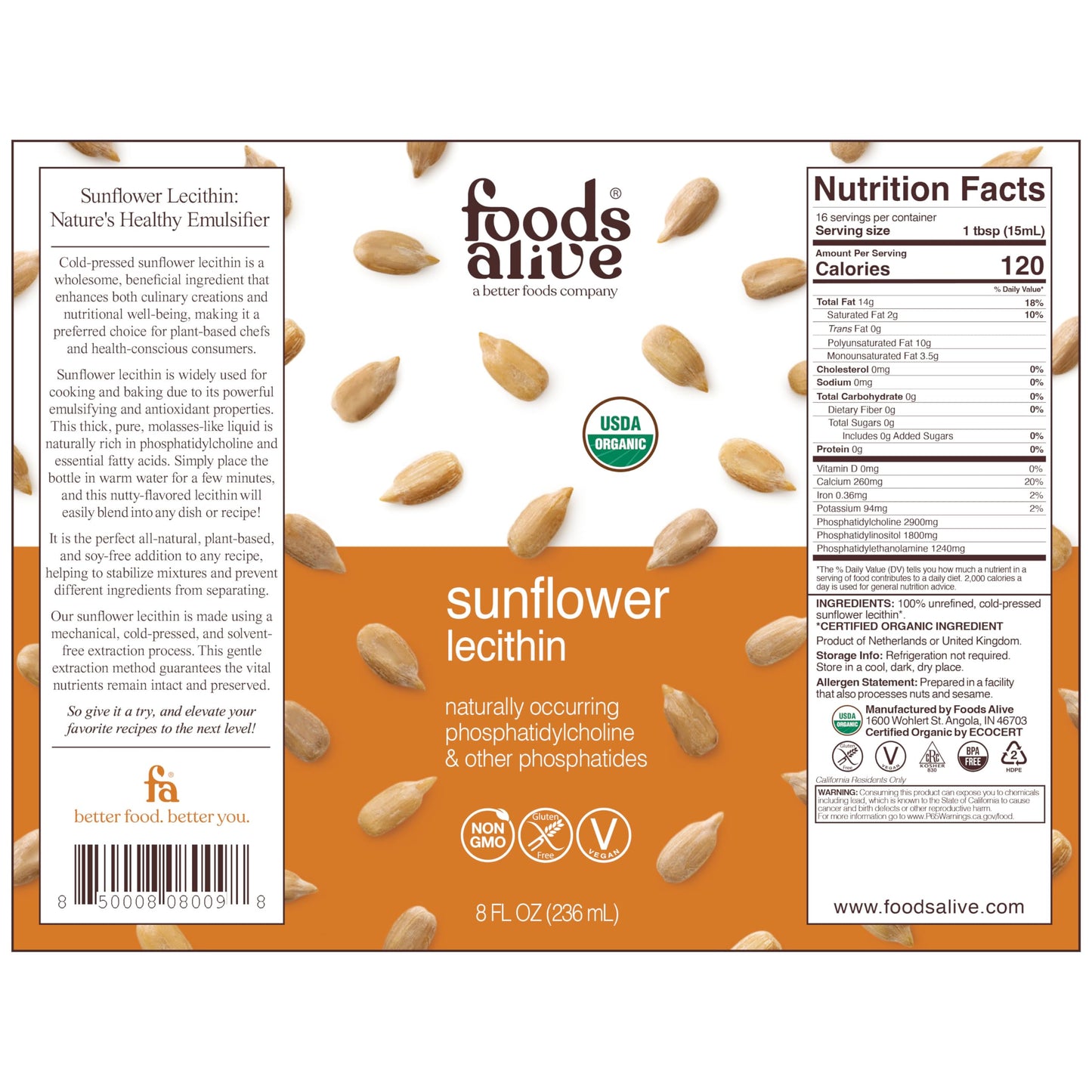 Cold pressed organic sunflower lecithin liquid supplement nutrition facts label view