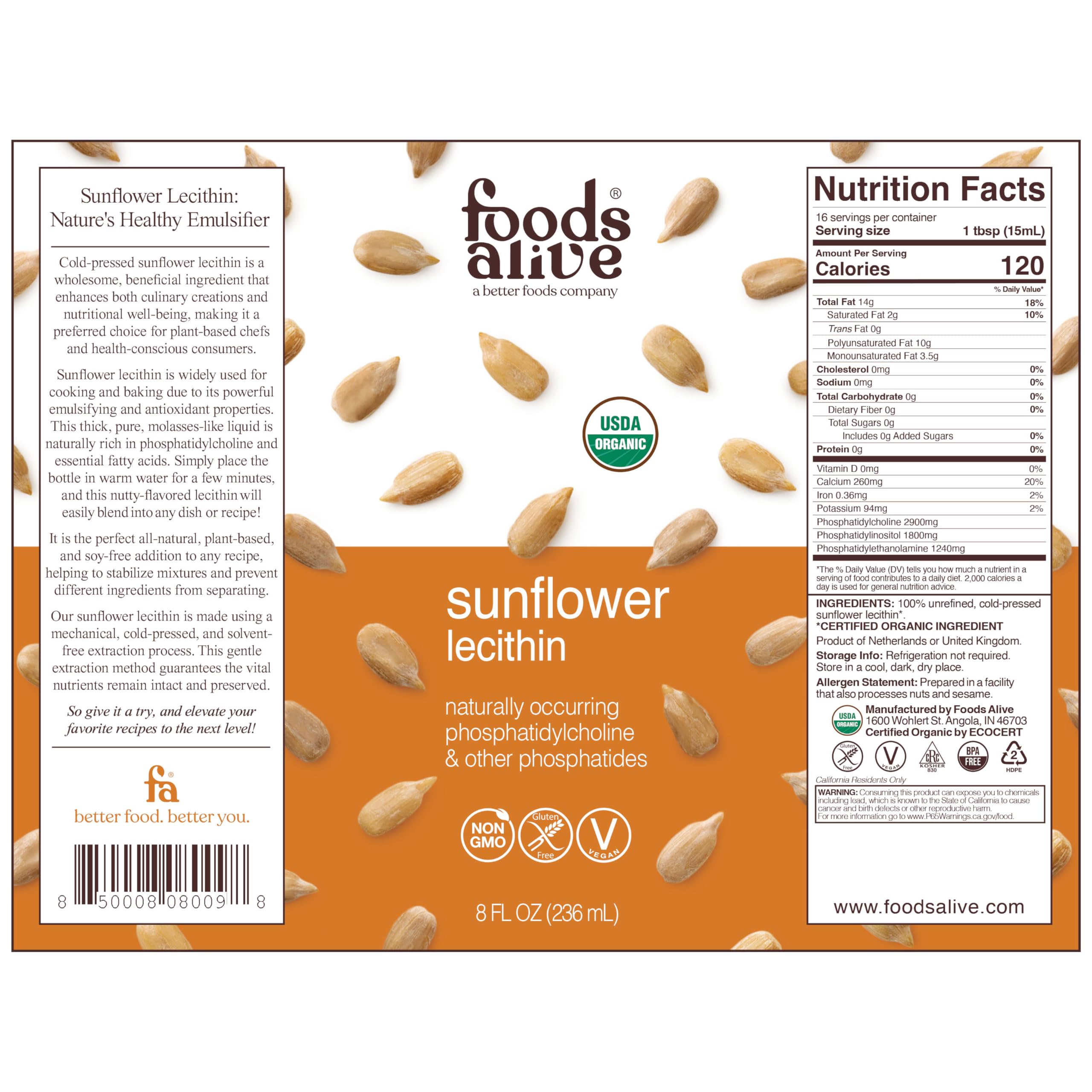 Cold pressed organic sunflower lecithin liquid supplement nutrition facts label view