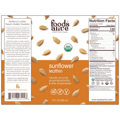 Cold pressed organic sunflower lecithin liquid supplement nutrition facts label view