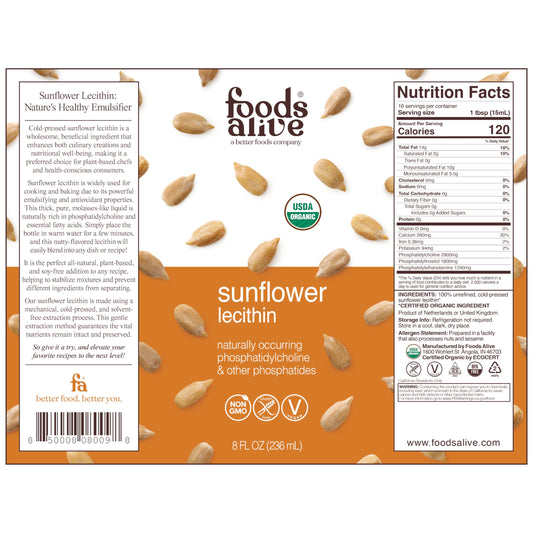 Cold pressed organic sunflower lecithin liquid supplement nutrition facts label view