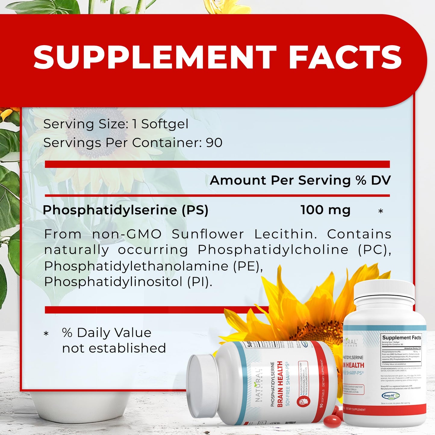 Natural BioScience Phosphatidylserine 100 Milligram nutritional facts panel and allergy warning information.