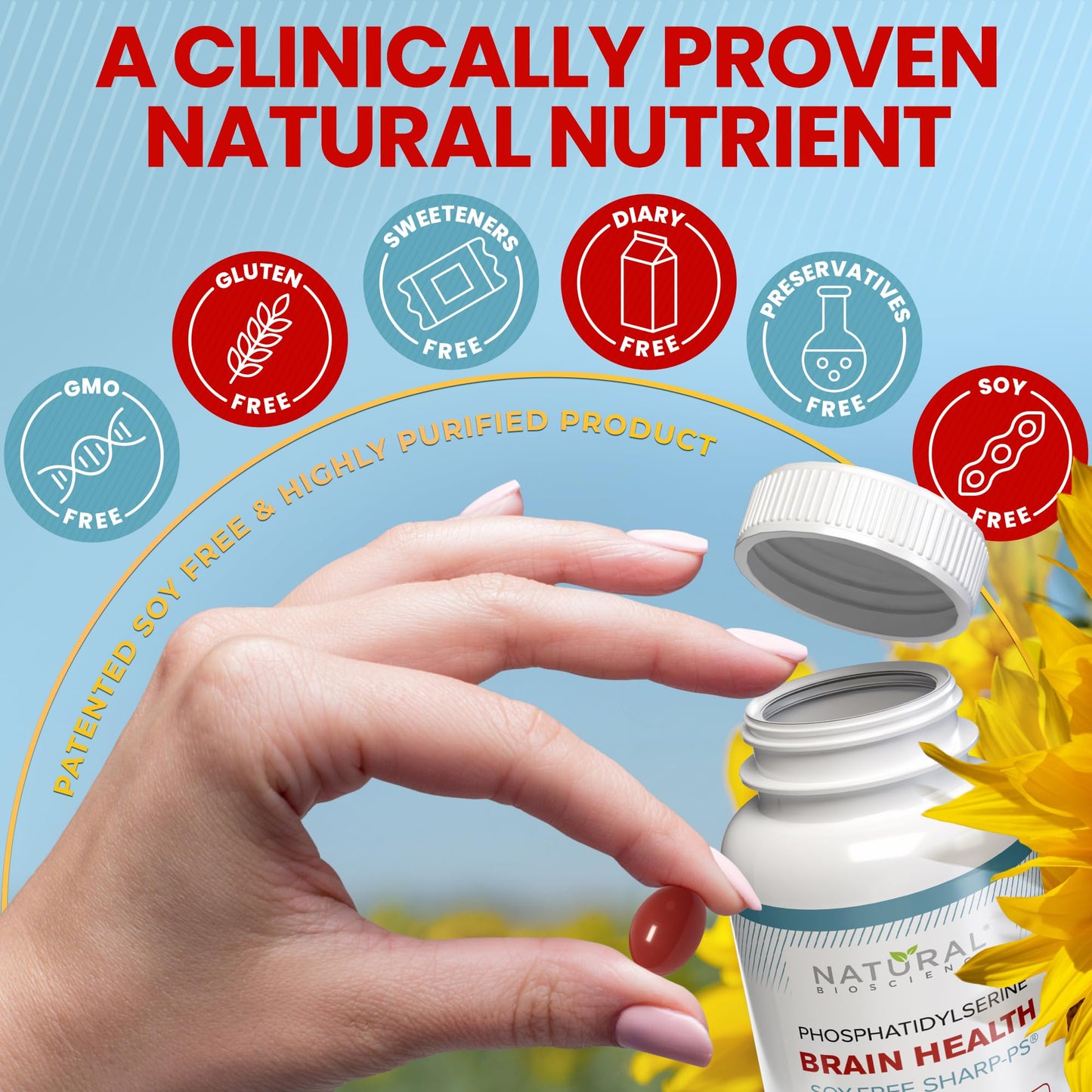 Side view of Natural BioScience soy free phosphatidylserine bottle highlighting the 90 softgels supply count.