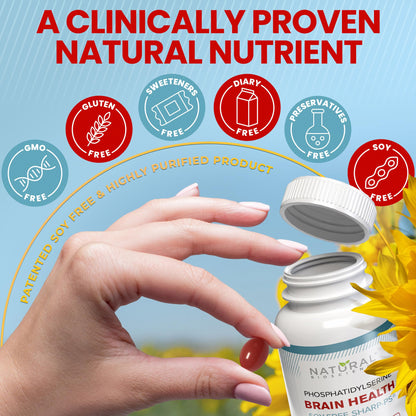 Side view of Natural BioScience soy free phosphatidylserine bottle highlighting the 90 softgels supply count.