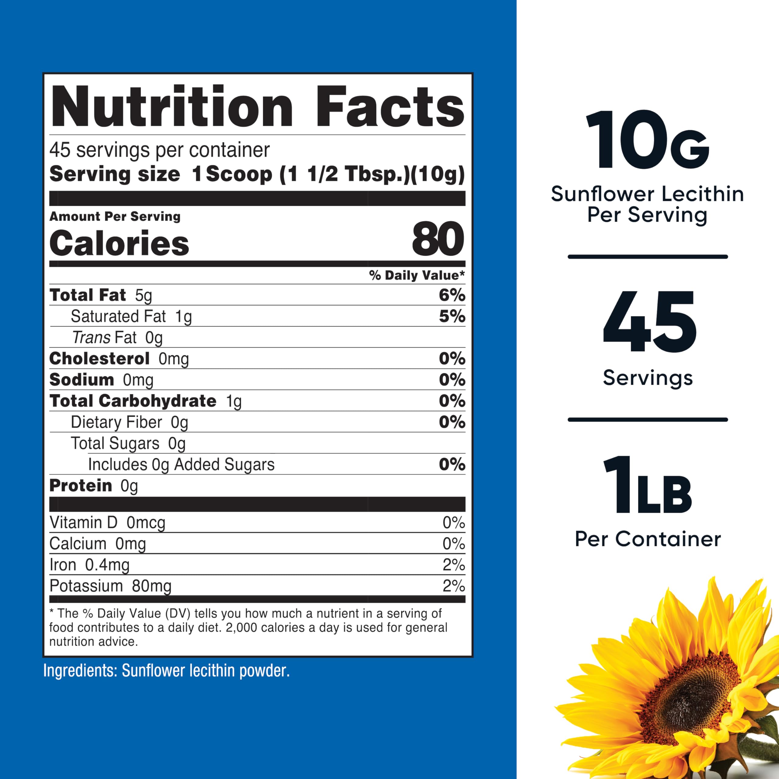 Nutricost Sunflower Lecithin unflavored supplement powder nutritional facts and ingredient panel