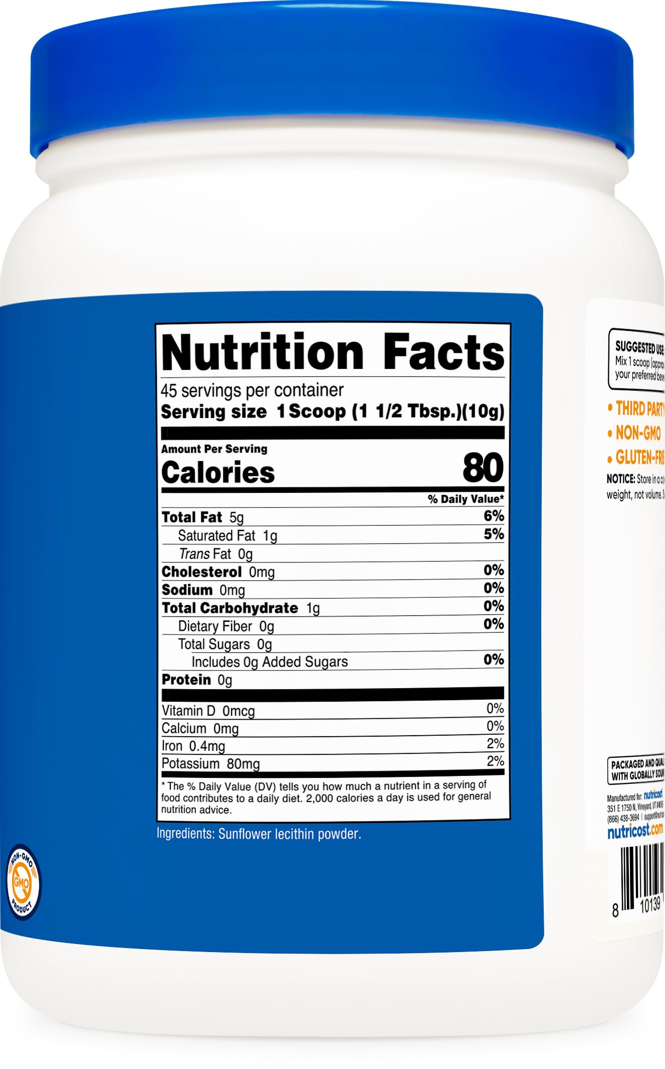 Nutricost non-GMO soy-free sunflower lecithin premium health supplement bottle showcasing USA quality