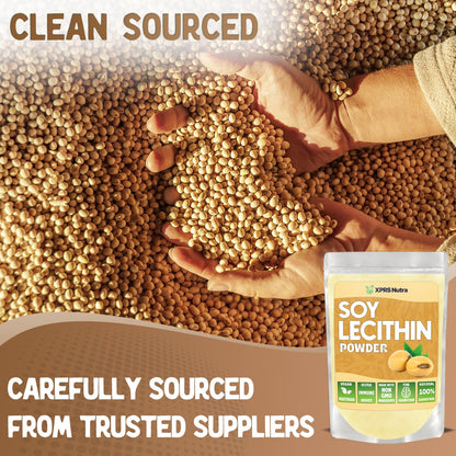Close up of fine texture food grade soy lecithin powder for baking and cooking applications.
