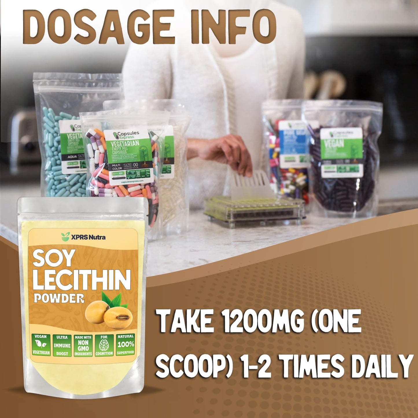 Premium imported non GMO soy lecithin powder highlighting its dual culinary and skincare use.
