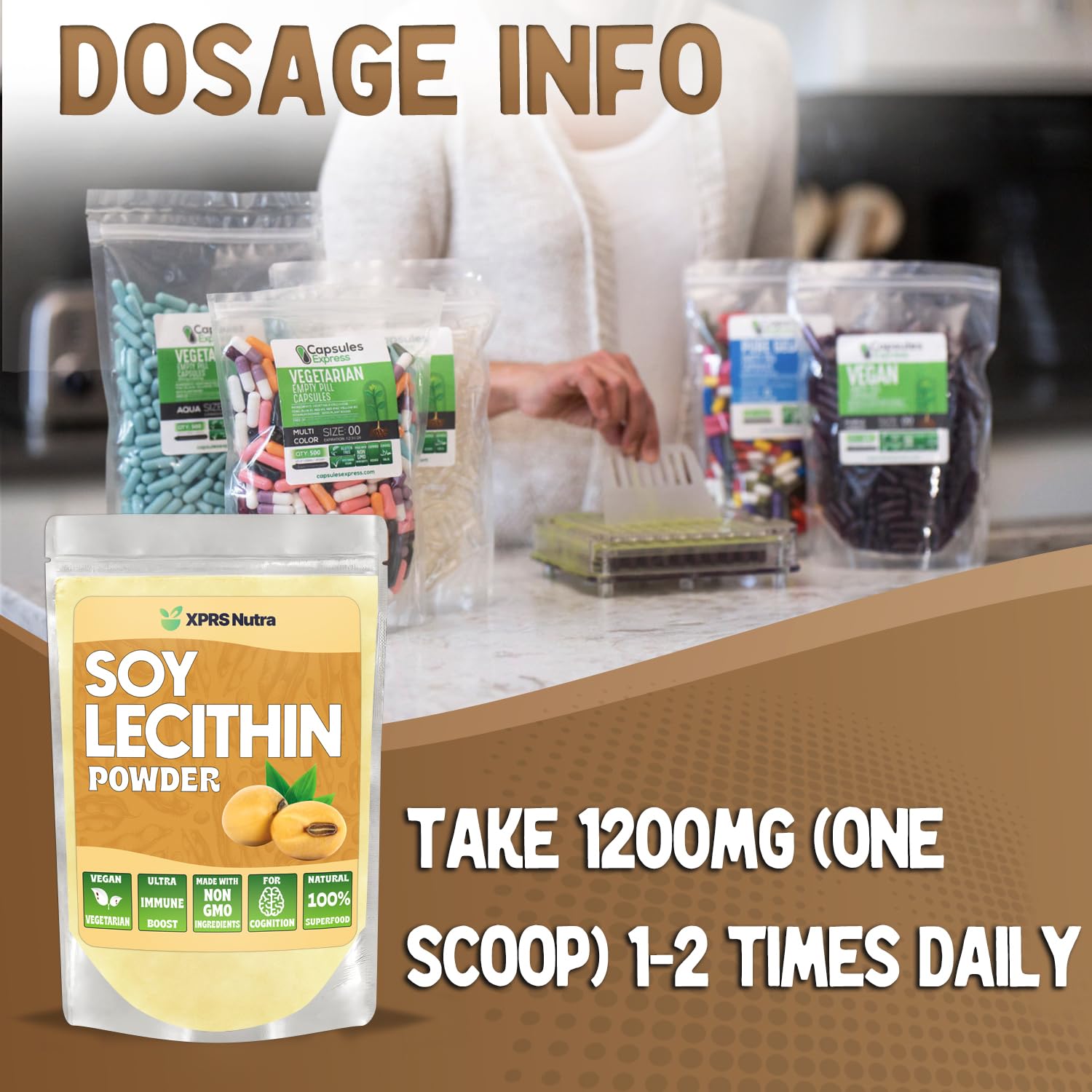 Premium imported non GMO soy lecithin powder highlighting its dual culinary and skincare use.