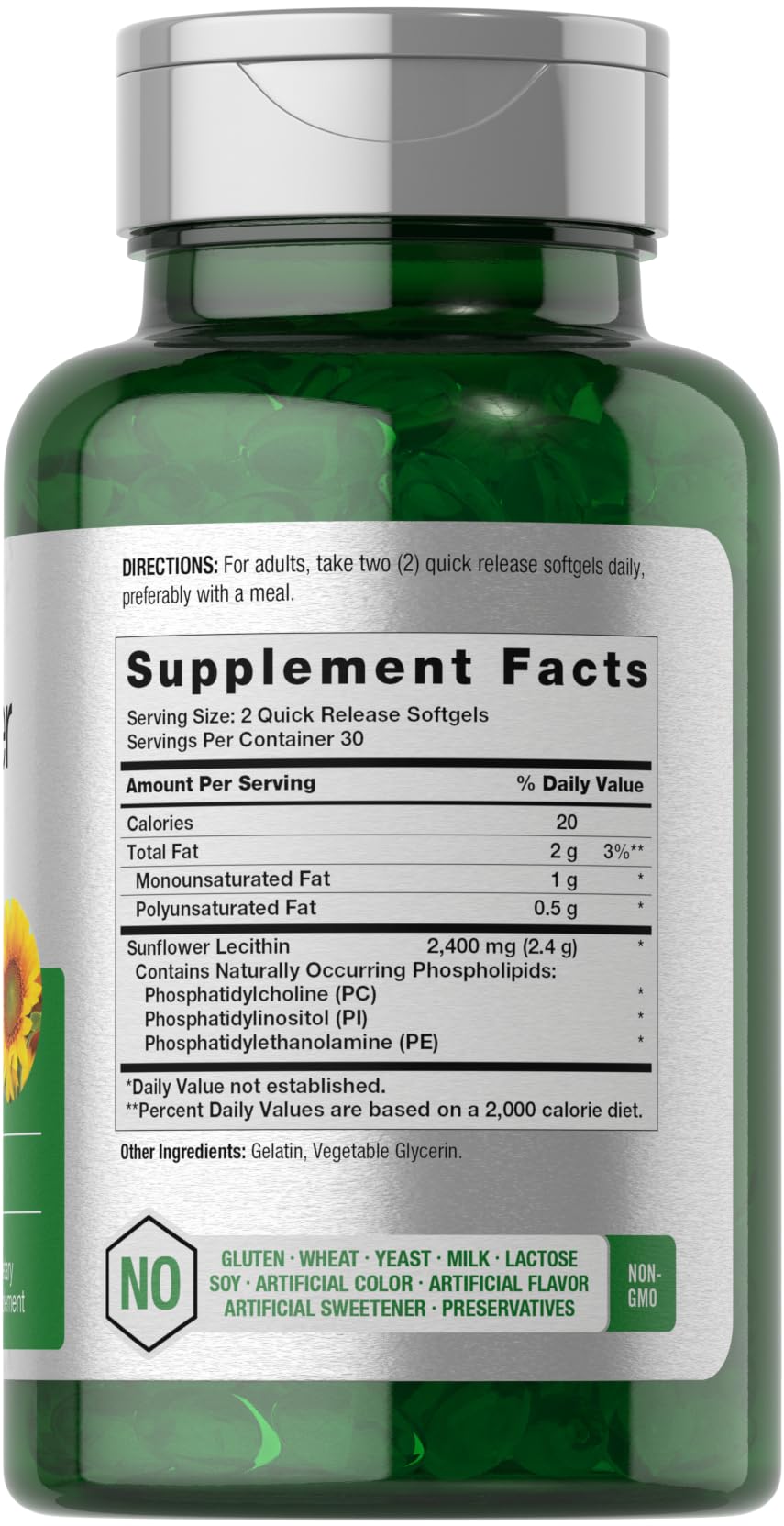 Horbäach Sunflower Lecithin supplement fact panel showing 2400mg serving details