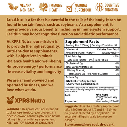 Choline rich XPRS Nutra soy lecithin powder demonstrating easy mixability for dietary wellness.