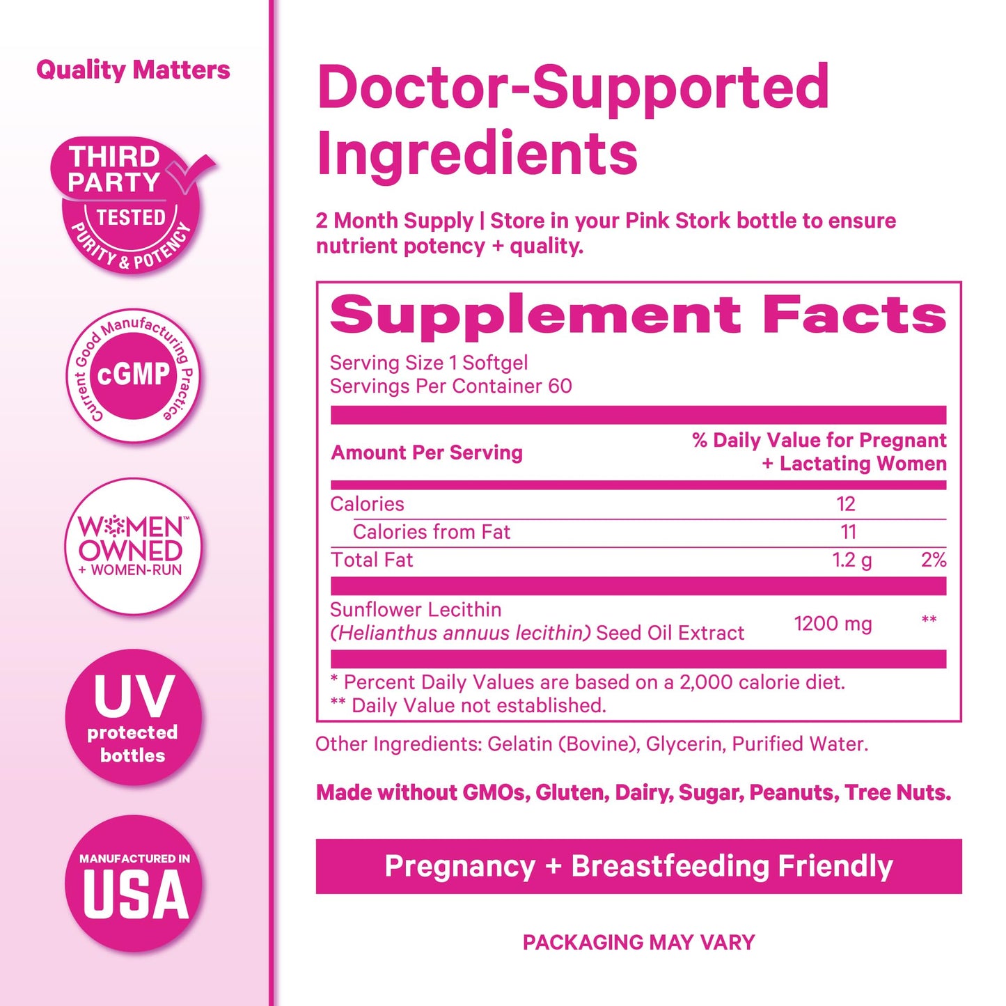 Pink Stork postpartum breastfeeding essentials product bottle details