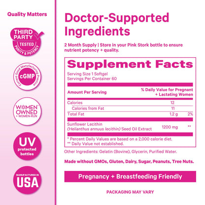 Pink Stork postpartum breastfeeding essentials product bottle details