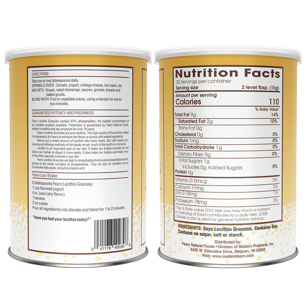 Fearn soy lecithin granules jar nutrition facts label