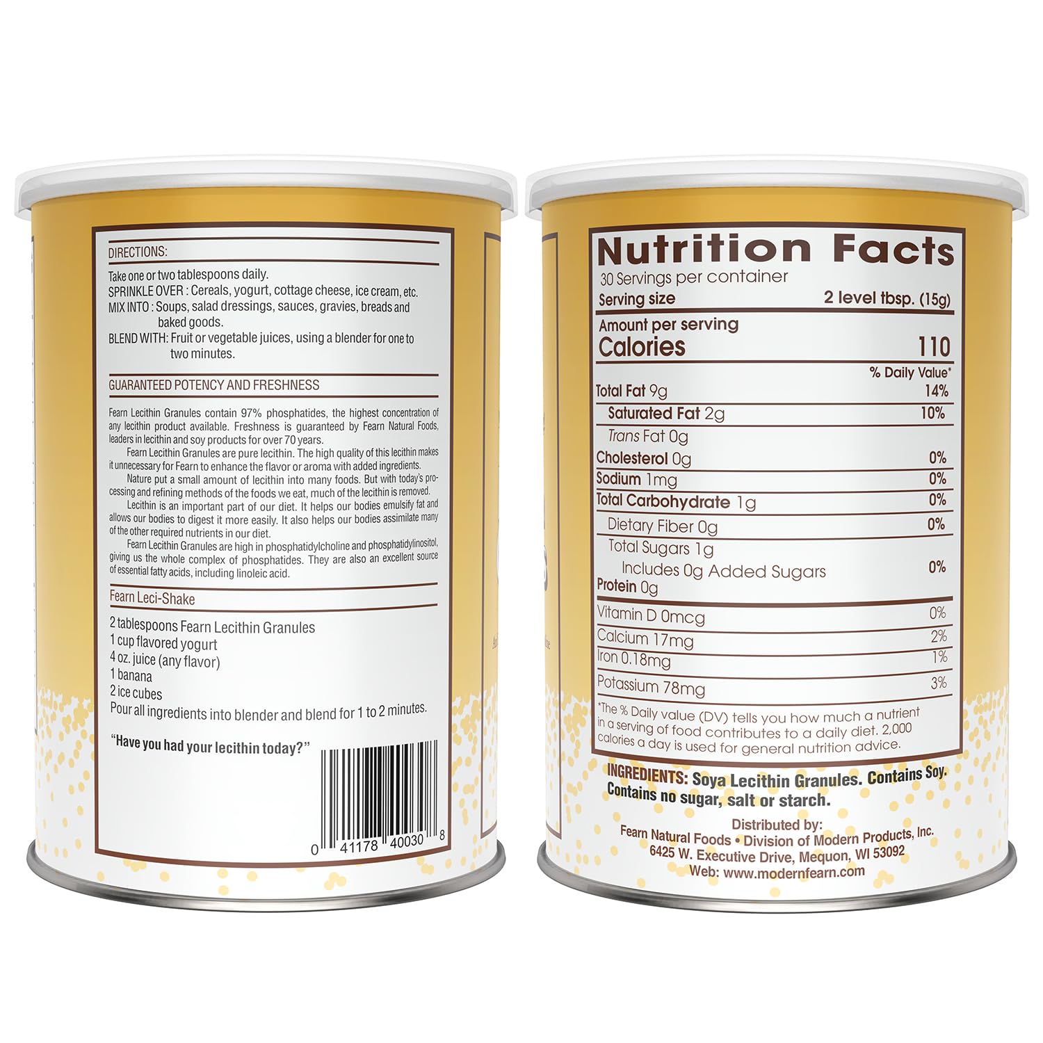Fearn plant based fat emulsifier soy lecithin granules container displayed at an angle showing packaging quality.