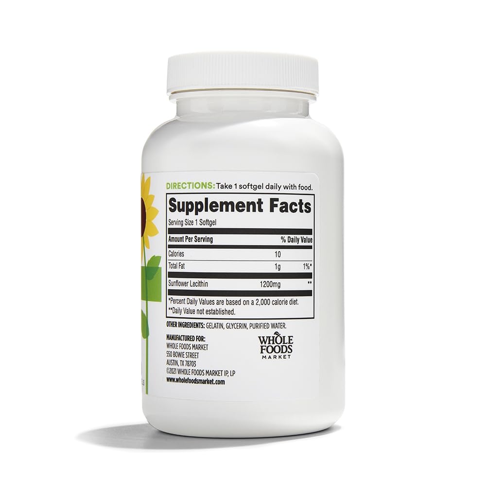 Supplement facts and ingredients label on the back of 365 by Whole Foods Market Sunflower Lecithin 1200mg container