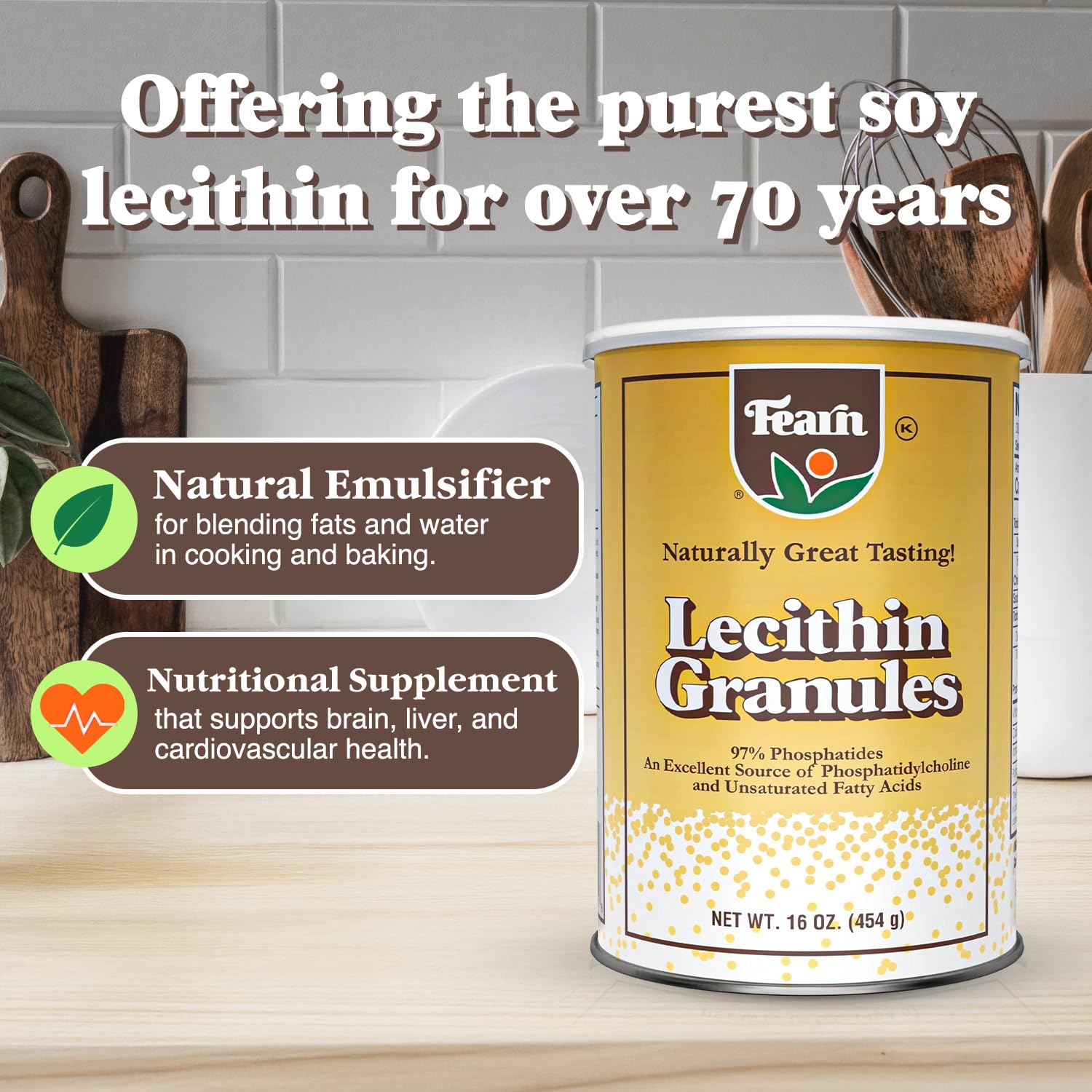 Fearn lecithin nutritional supplement canister top angle showing secure safety seal.
