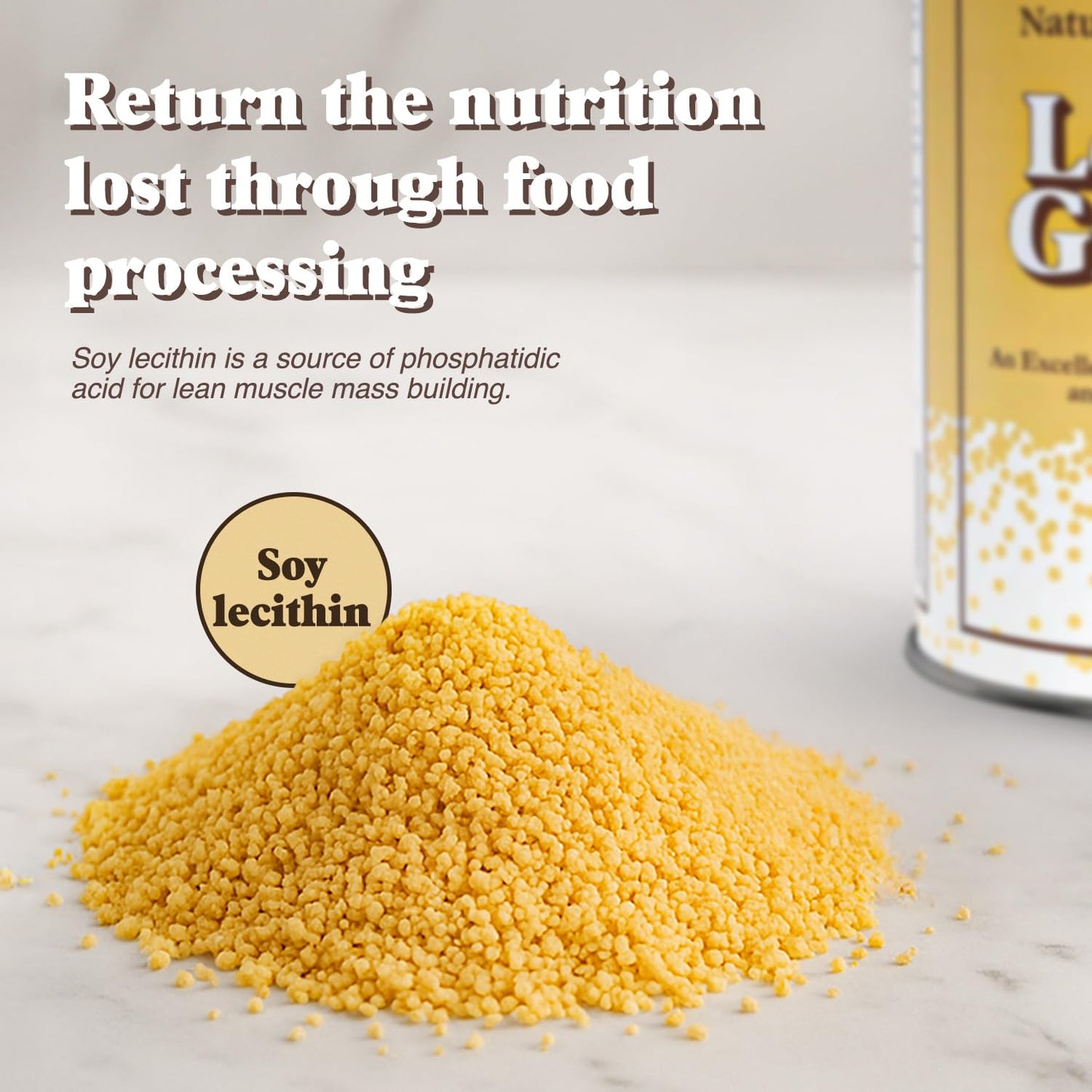 Fearn soy lecithin granules showing clear ingredient information and ninety seven percent phosphatides claim.