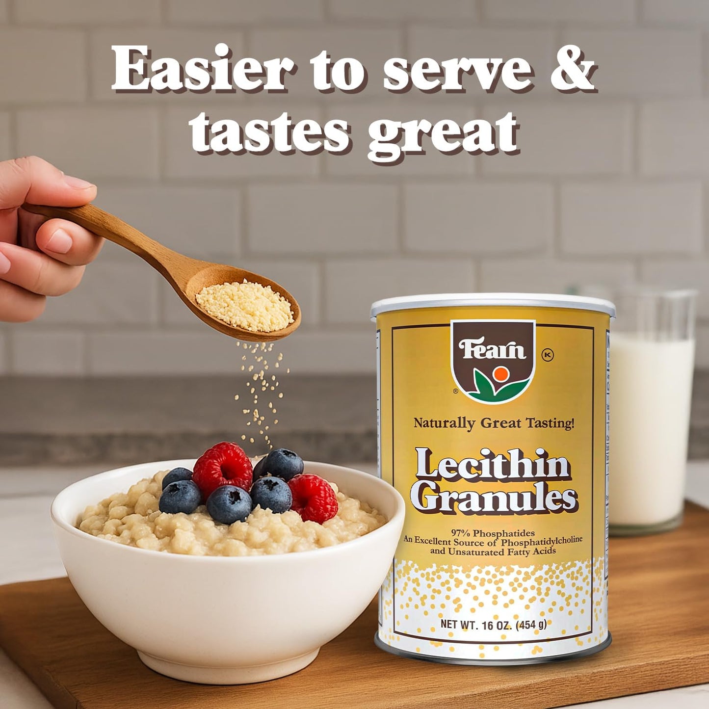 Side view of Fearn Natural Foods sixteen ounce canister with clear direction and usage text.