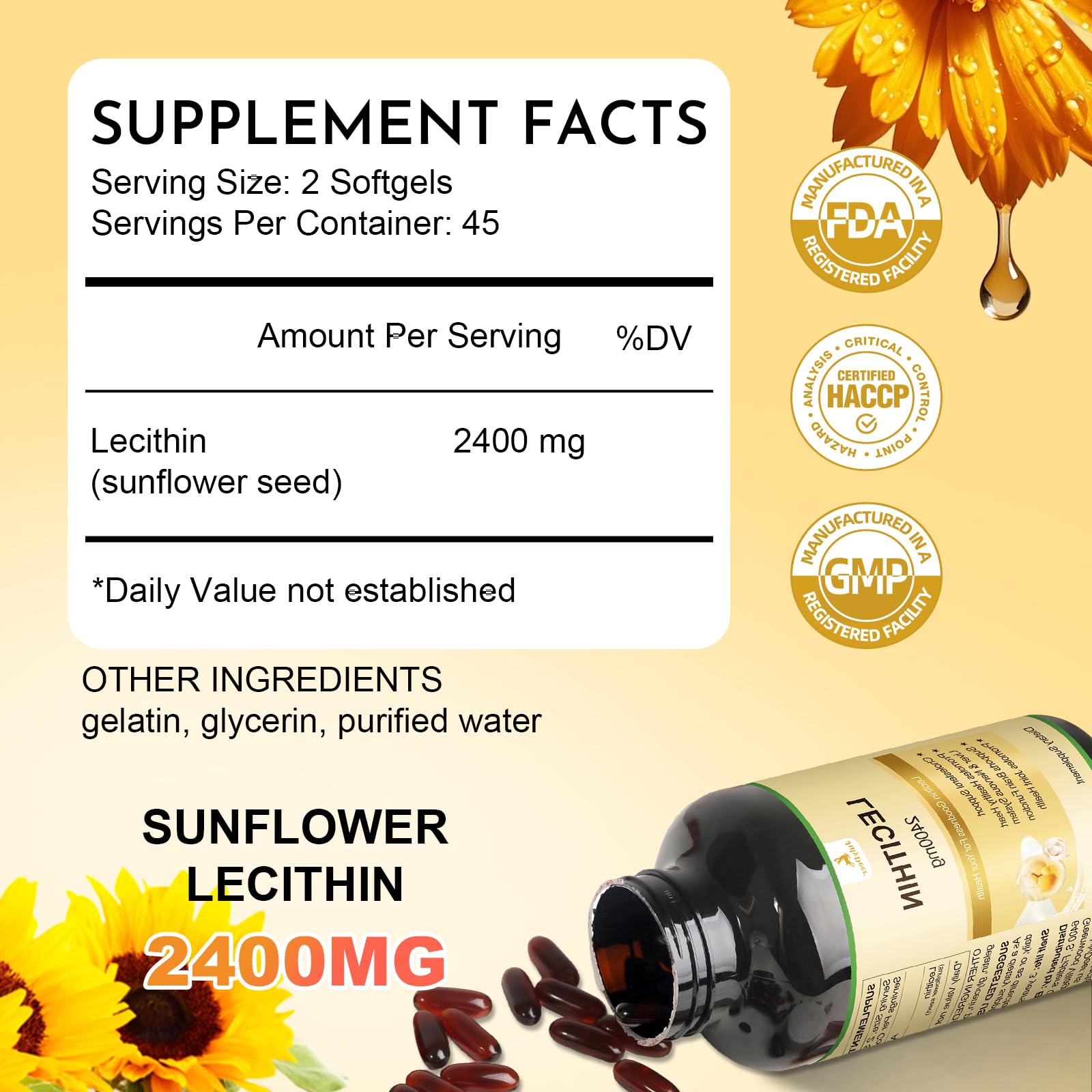 JulyDeer soy free sunflower lecithin capsules nutritional facts and ingredient list side label.