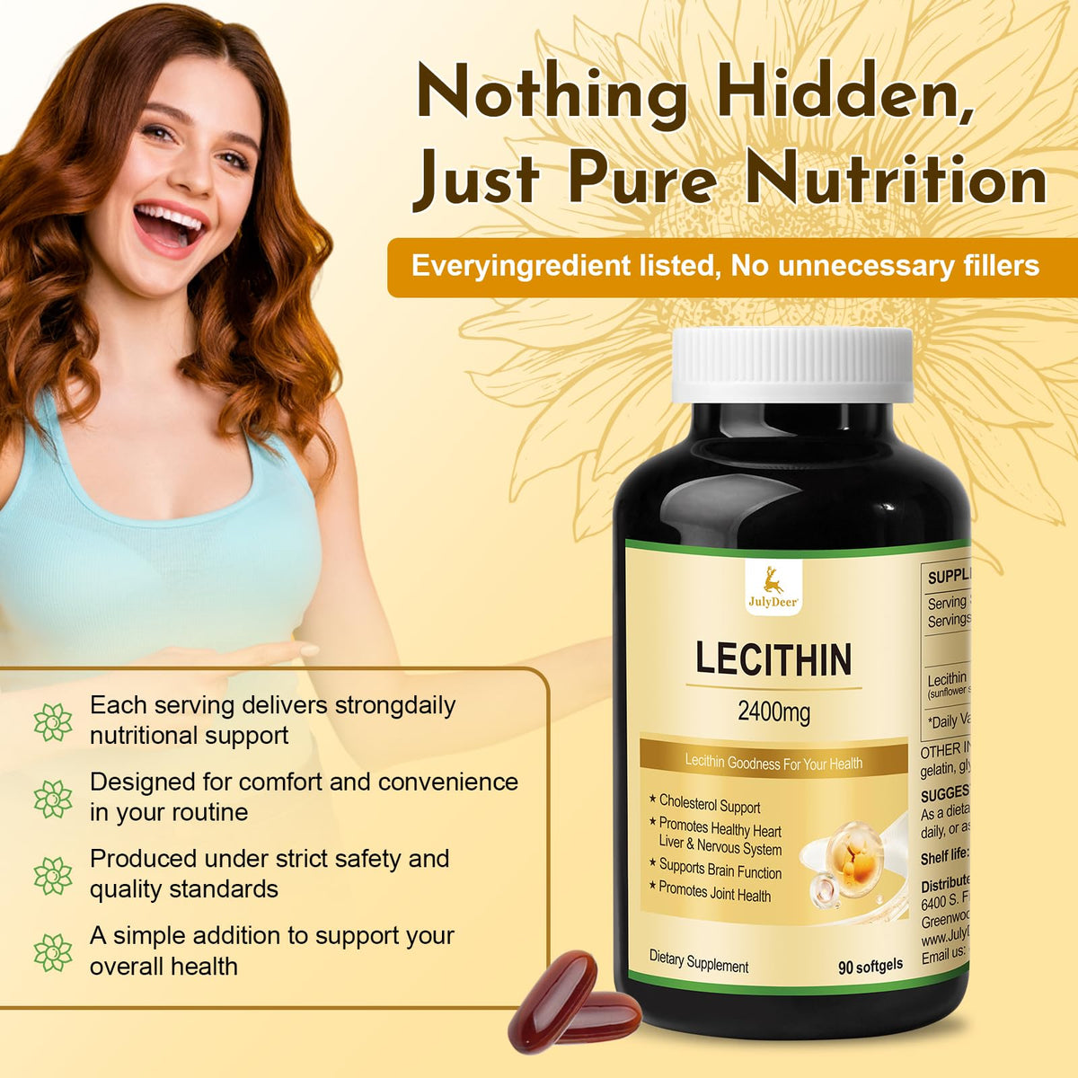 High phosphatidyl choline JulyDeer lecithin 90 softgels supplement for nervous system care.