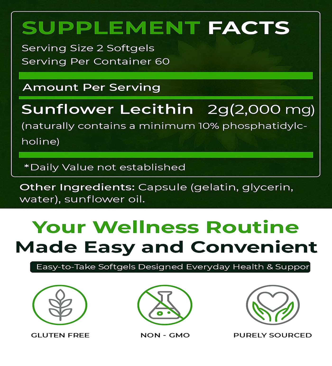 Natural Nutra Sunflower Lecithin 120 softgels packaging detailing non GMO and soy free benefits.