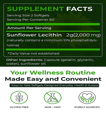 Natural Nutra Sunflower Lecithin 120 softgels packaging detailing non GMO and soy free benefits.
