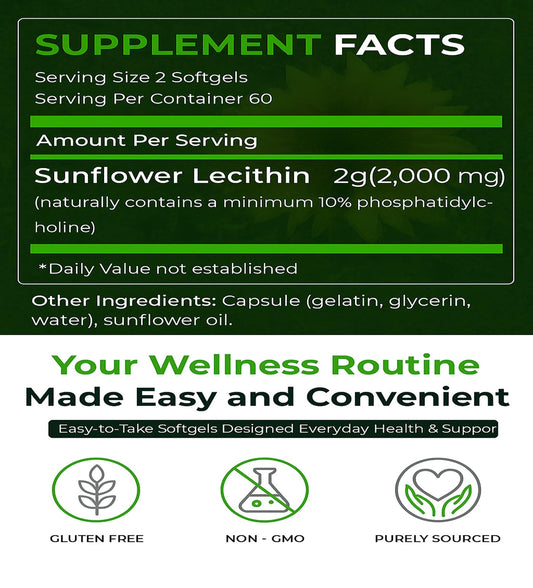 Natural Nutra Sunflower Lecithin 120 softgels packaging detailing non GMO and soy free benefits.