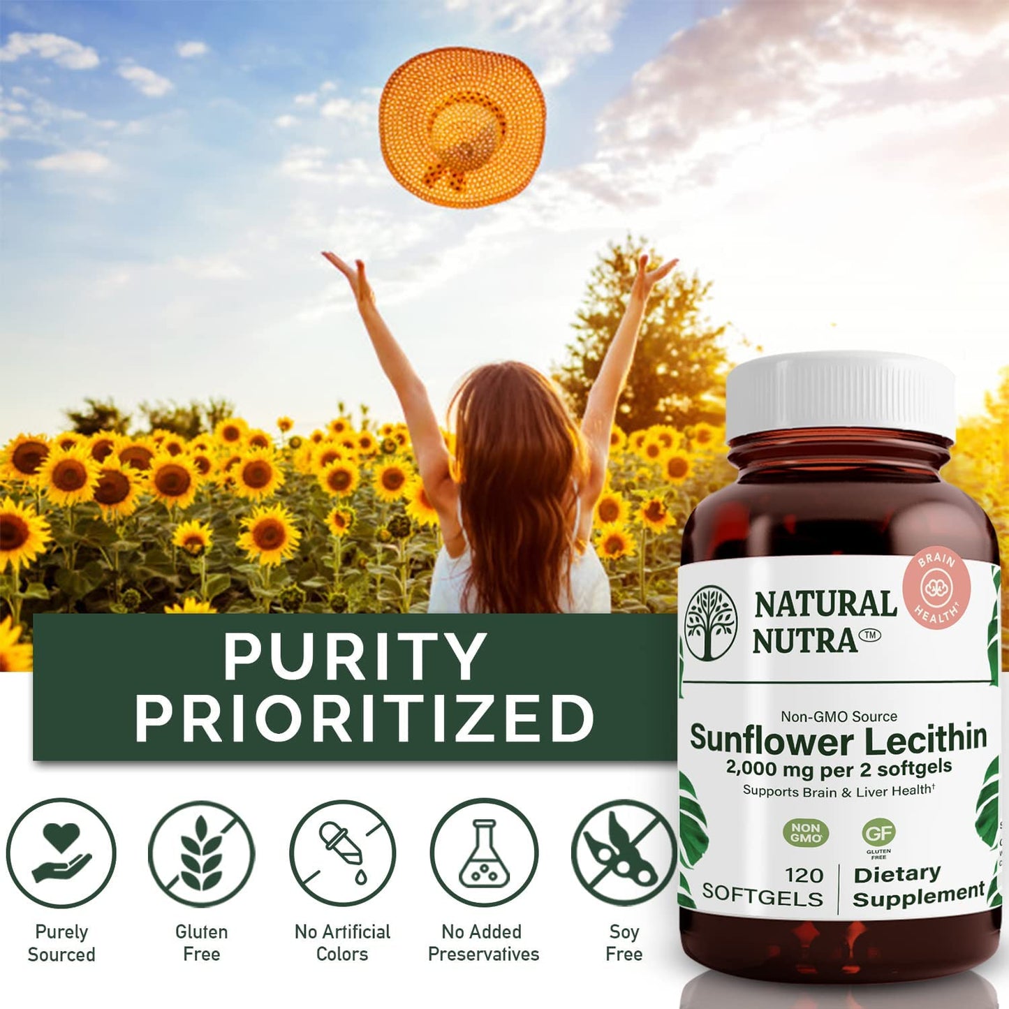 Supplement facts label on the Natural Nutra Sunflower Lecithin glass bottle showing ingredients.
