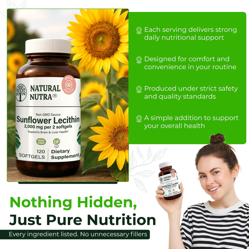 Natural Nutra Sunflower Lecithin packaging details and amber glass bottle
