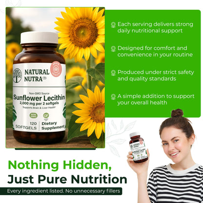 Natural Nutra Sunflower Lecithin container showing direct instructions for lactation support and dosage.