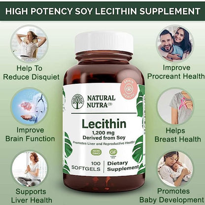 Non-GMO and gluten-free labels on Natural Nutra Soy Lecithin packaging