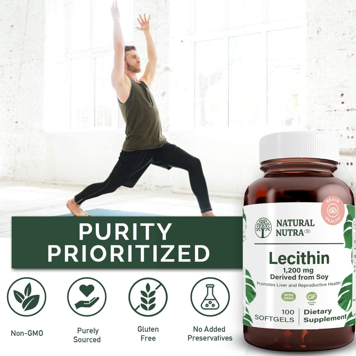 BPA-free recyclable glass bottle of Natural Nutra Soy Lecithin 1200 mg