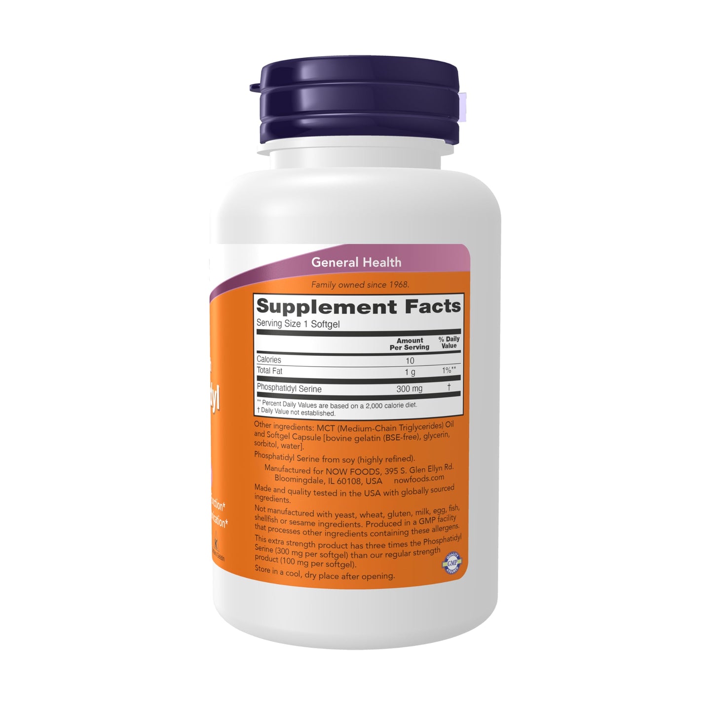 Authentic Now Foods Phosphatidyl Serine imported memory booster softgels next to its original packaging.