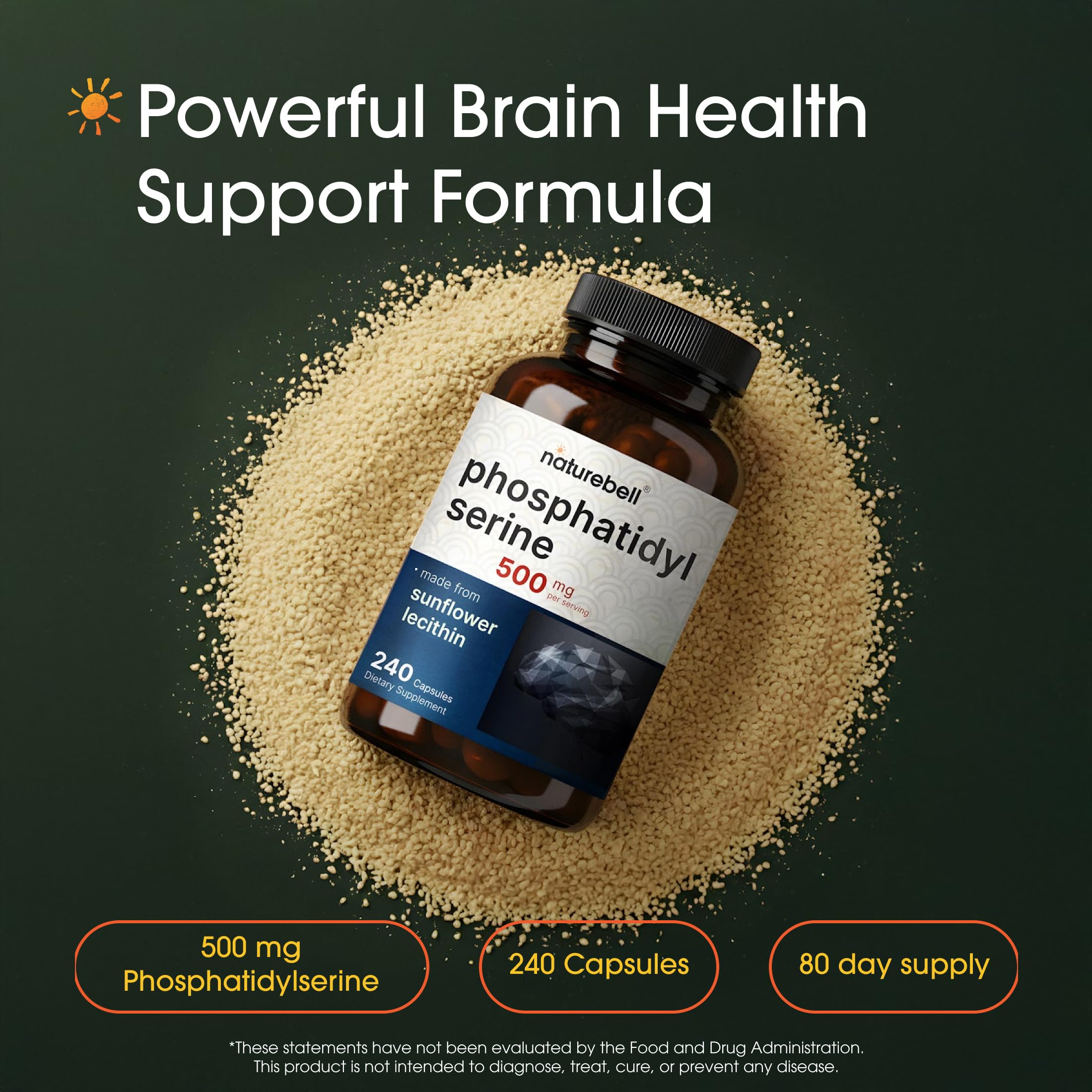 NatureBell Phosphatidylserine 500mg supplement facts label showing sunflower lecithin ingredients
