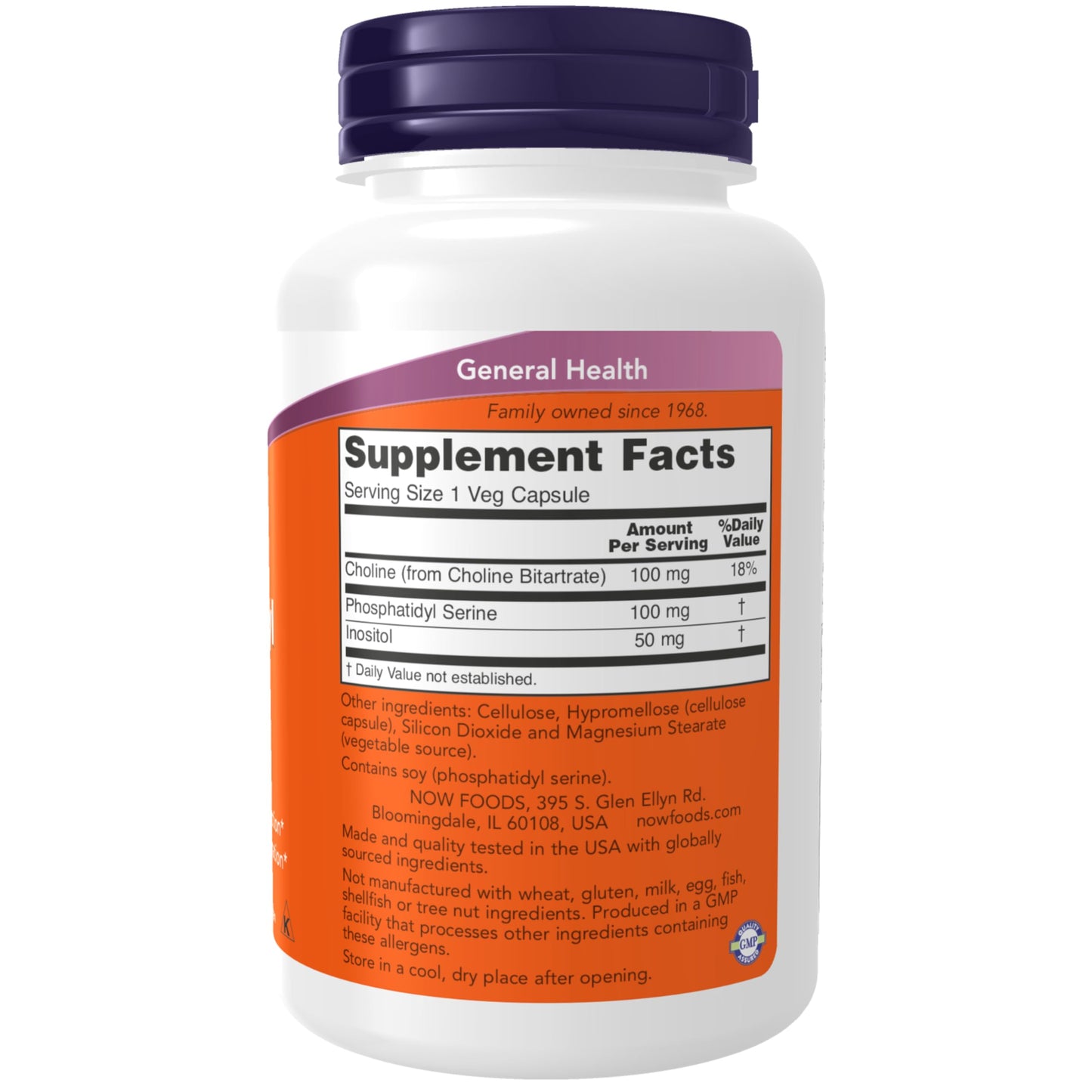 NOW Foods Phosphatidyl Serine brain supplement showing the supplement facts and soy lecithin ingredient list.