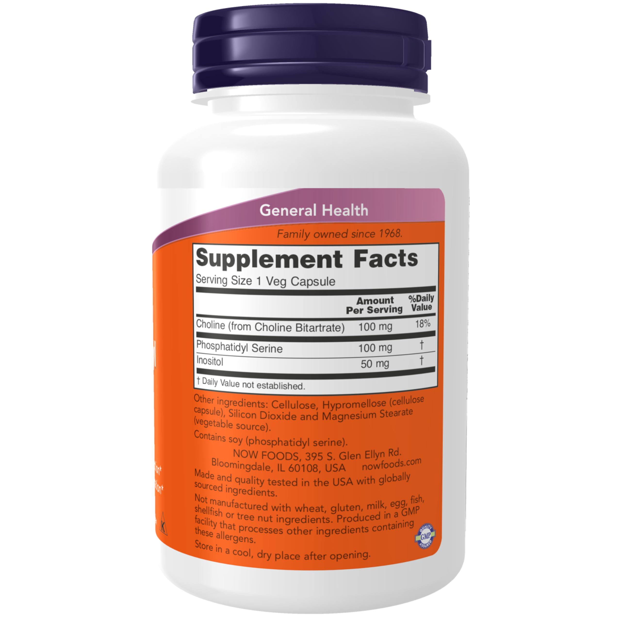 NOW Foods Phosphatidyl Serine brain supplement showing the supplement facts and soy lecithin ingredient list.